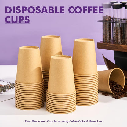 200 Pack 8oz Kraft Coffee Cups, Brown Kraft Disposable Paper Coffee Cups, Hot Coffee Cups & Cold Coffee Cups, Food-Safe Kraft Paper Cups, Heavy-Duty Disposable Paper Cups for Coffee, Tea, Cocoa, Water