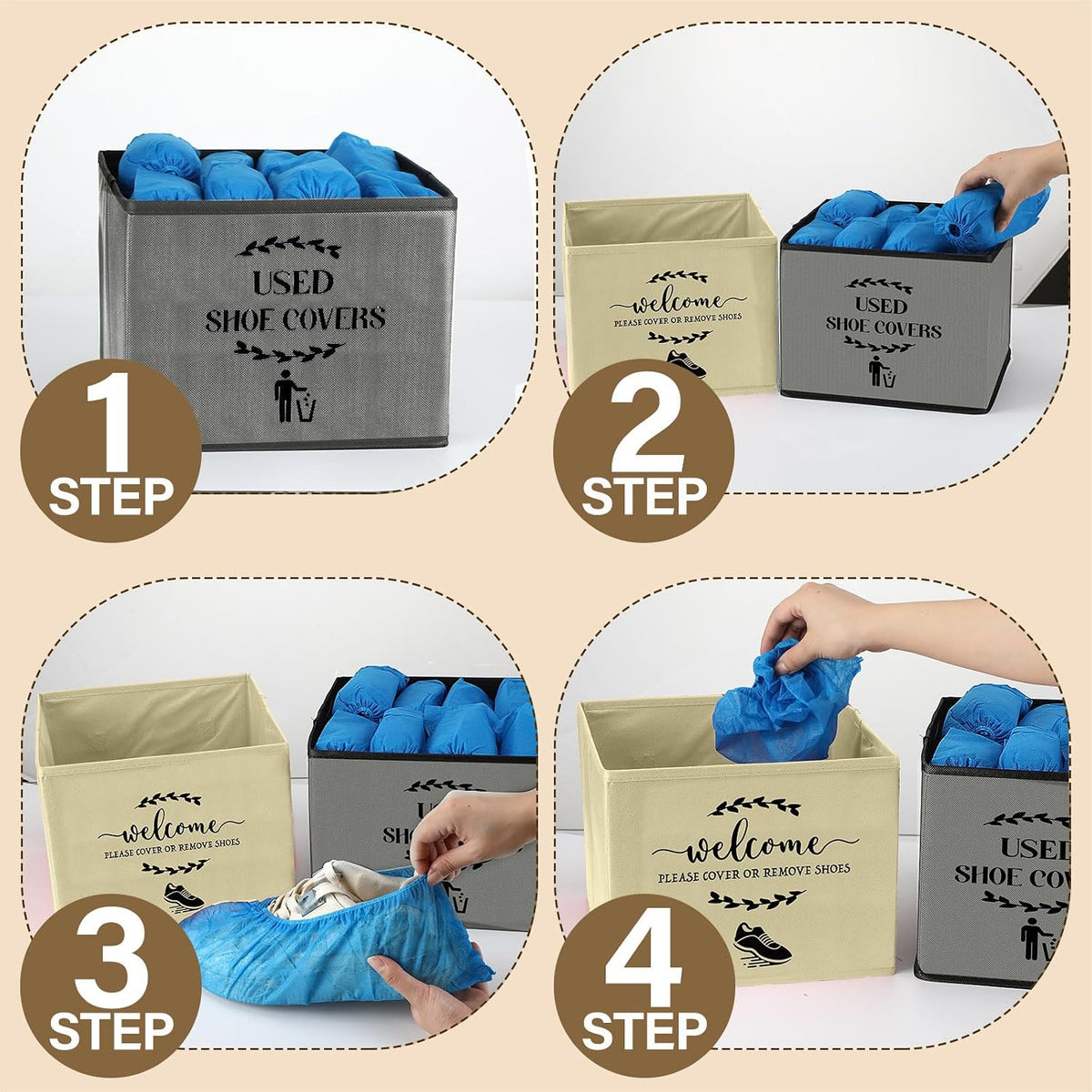 2 Pcs Shoe Cover Boxes Dispenser Storage Bins, Gray, Beige