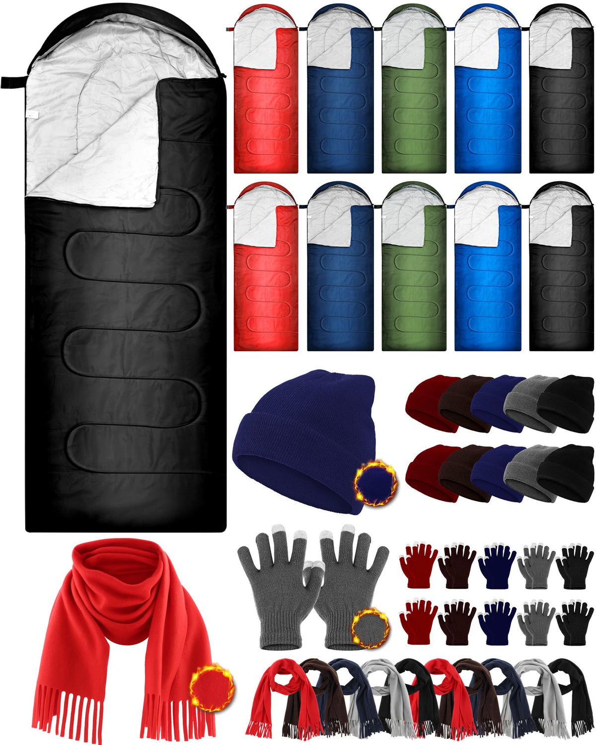 Tranqun 40 Pcs Sleeping Bags for Adult Bulk with Winter Beanie Hat Touch Screen Gloves Scarves, Waterproof Cotton Liner Cold Weather Sleeping Bag for Homeless Camping Indoor Outdoor