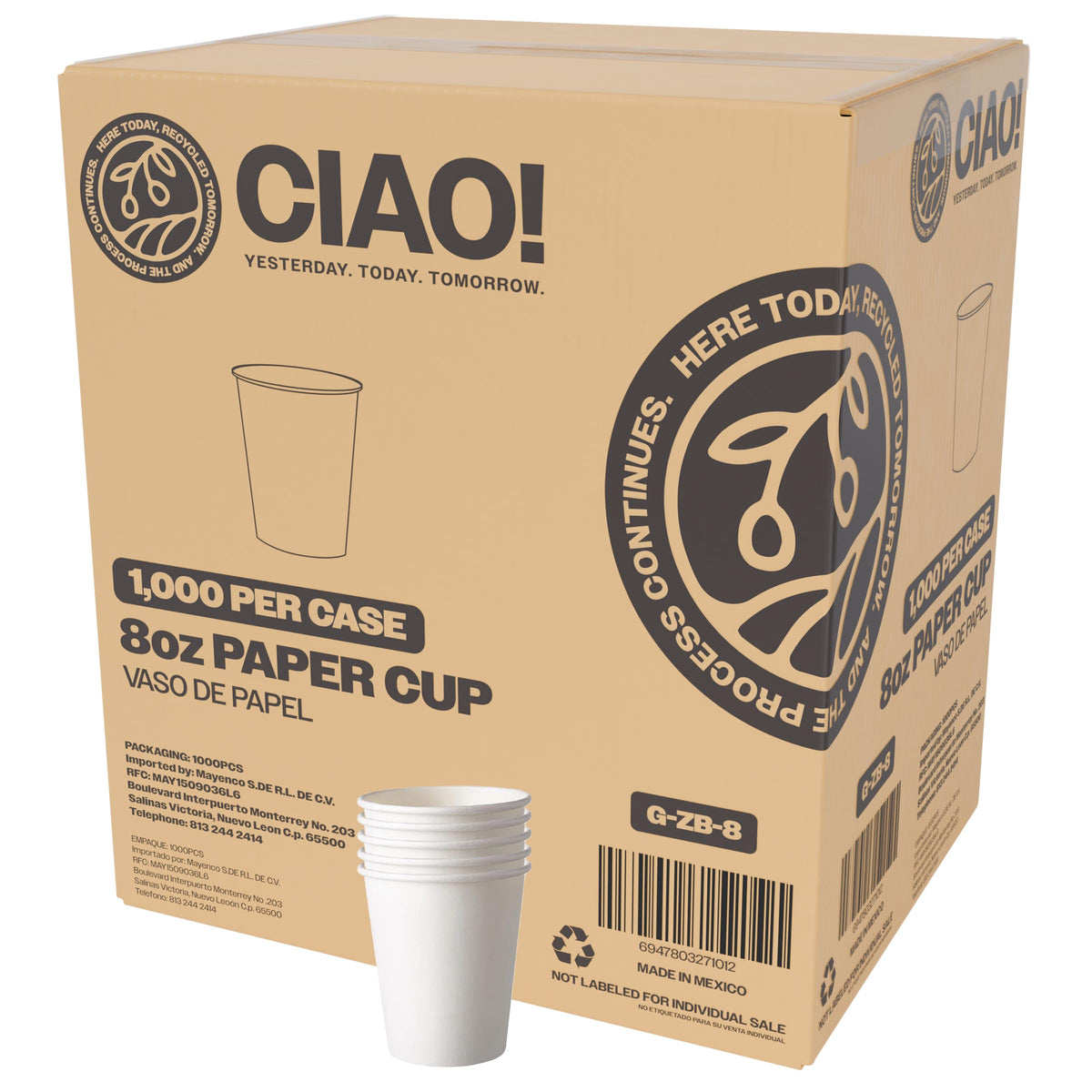 CIAO! 8oz White Paper Hot Cup, Disposable, 80mm Diameter 1,000 Count