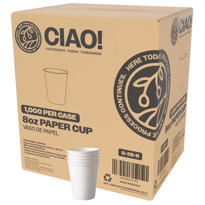 CIAO! 8oz White Paper Hot Cup, Disposable, 80mm Diameter 1,000 Count
