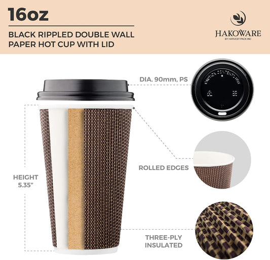16 oz Disposable Paper Coffee Cups with Lids Insulated Double-Walled Togo