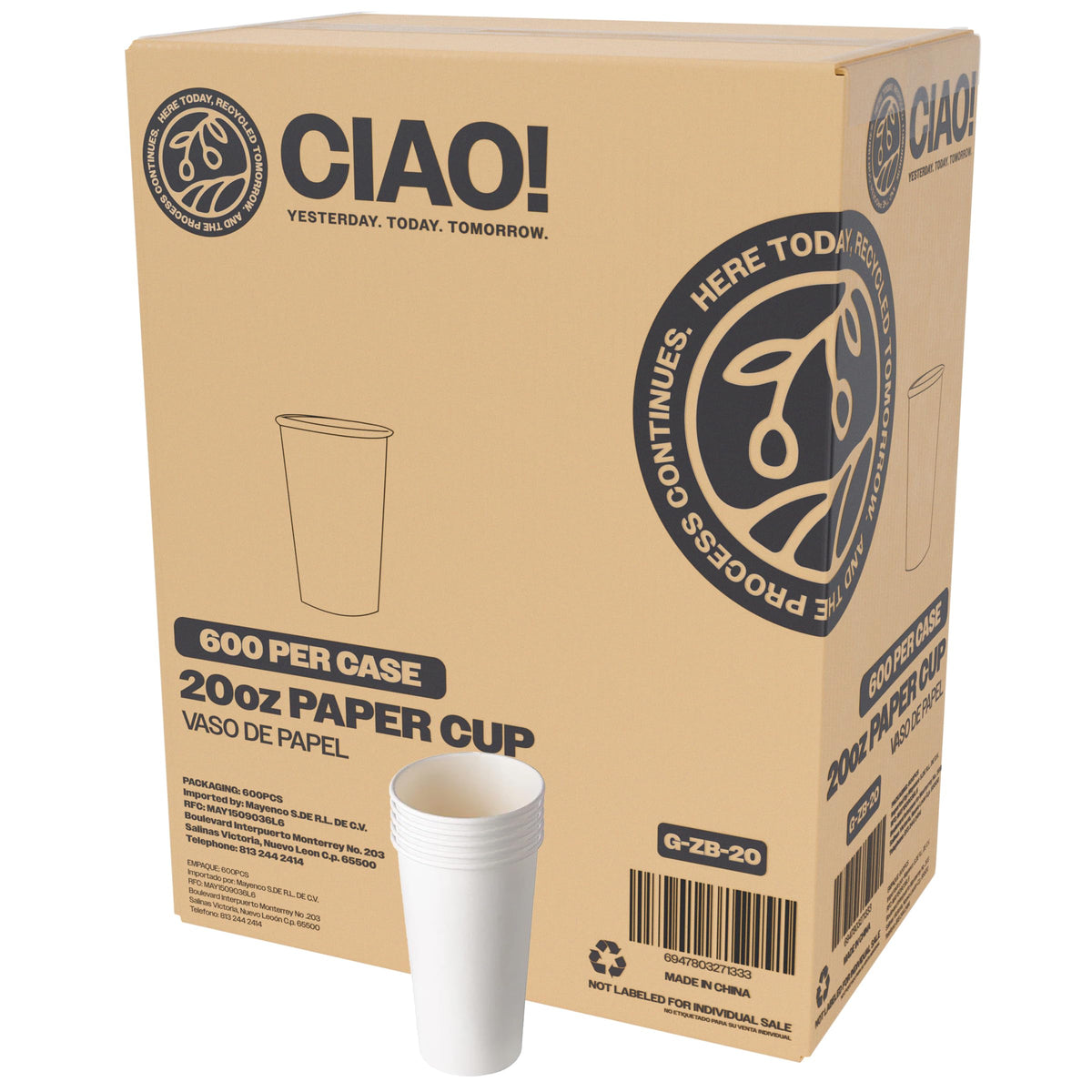CIAO! 8oz White Paper Hot Cup, Disposable, 80mm Diameter 1,000 Count