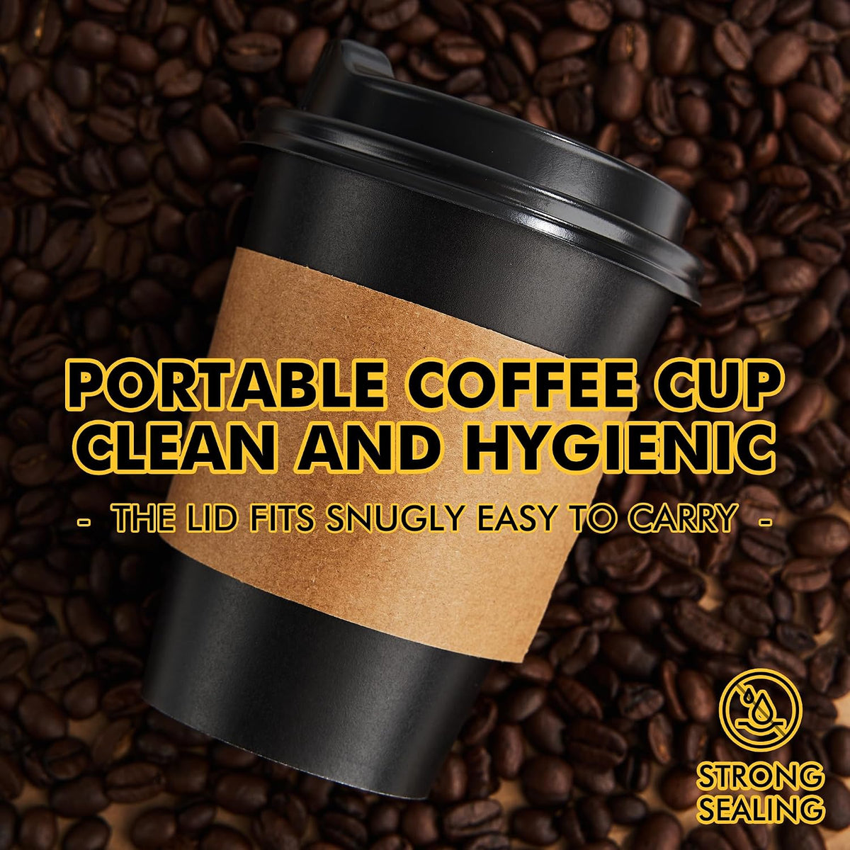 RACETOP Coffee Cups with Lids 12 oz 100 Pack, Black Cups with Sleeves