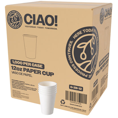 CIAO! 8oz White Paper Hot Cup, Disposable, 80mm Diameter 1,000 Count