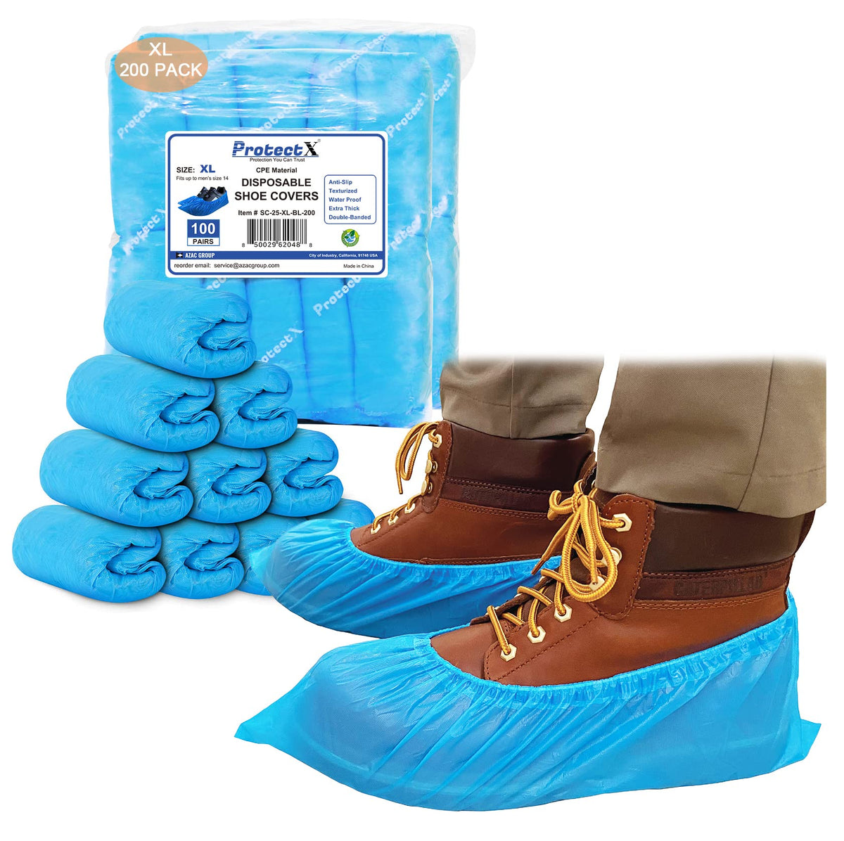 ProtectX Disposable Shoe & Boot Covers, XL Extra Large, 100-pack (50 pairs), Waterproof, Slip Resistant, Durable CPE plastic, Fits up to Men’s 14 US Size and All Women’s US Size Shoes