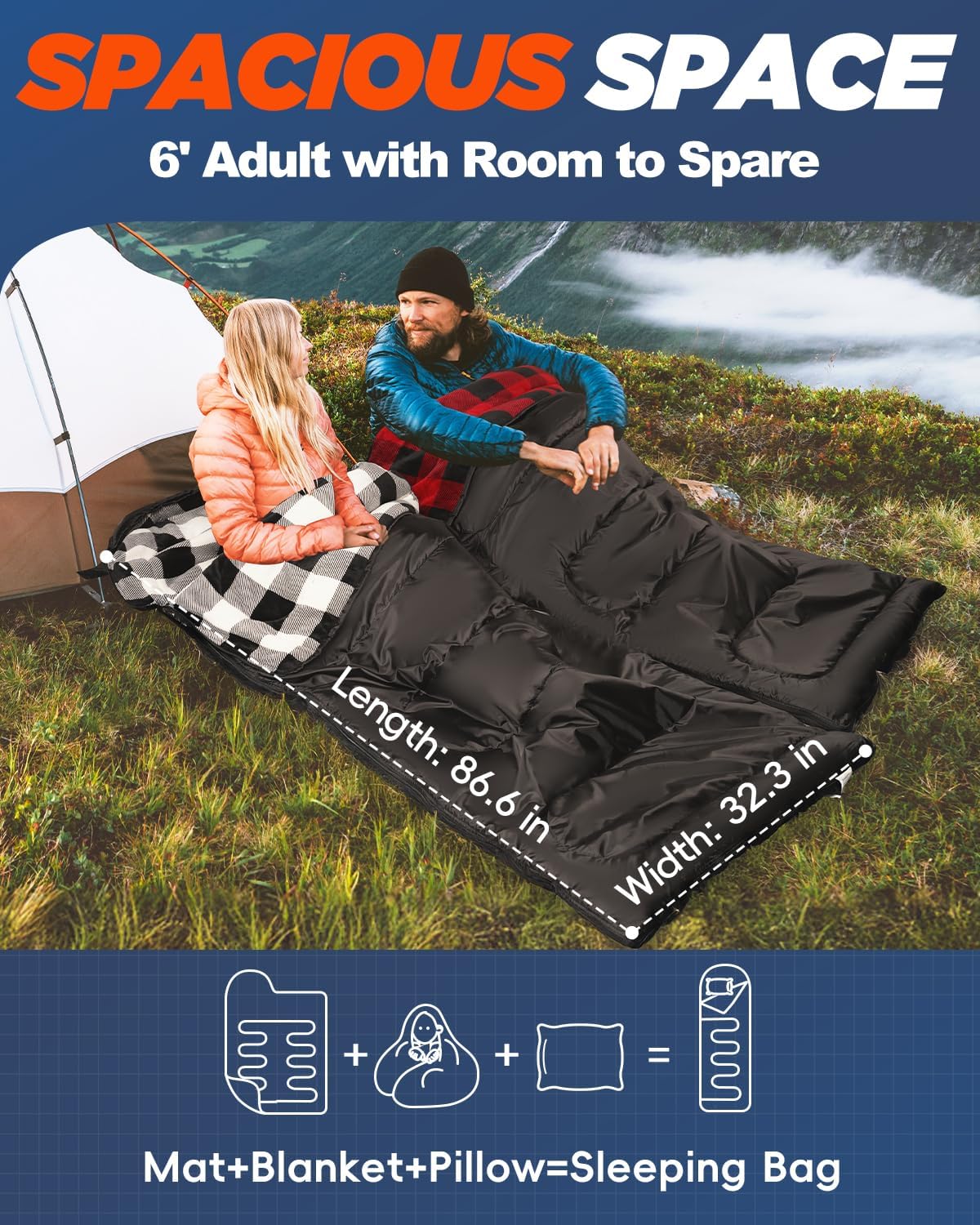 MEREZA Flannel Sleeping Bag for Adults Mens with Pillow, XL Cold Weather Sleeping Bag for 30 Degree 4 Season Camping Large Big and Tall Sleeping Bags with Compression Sack