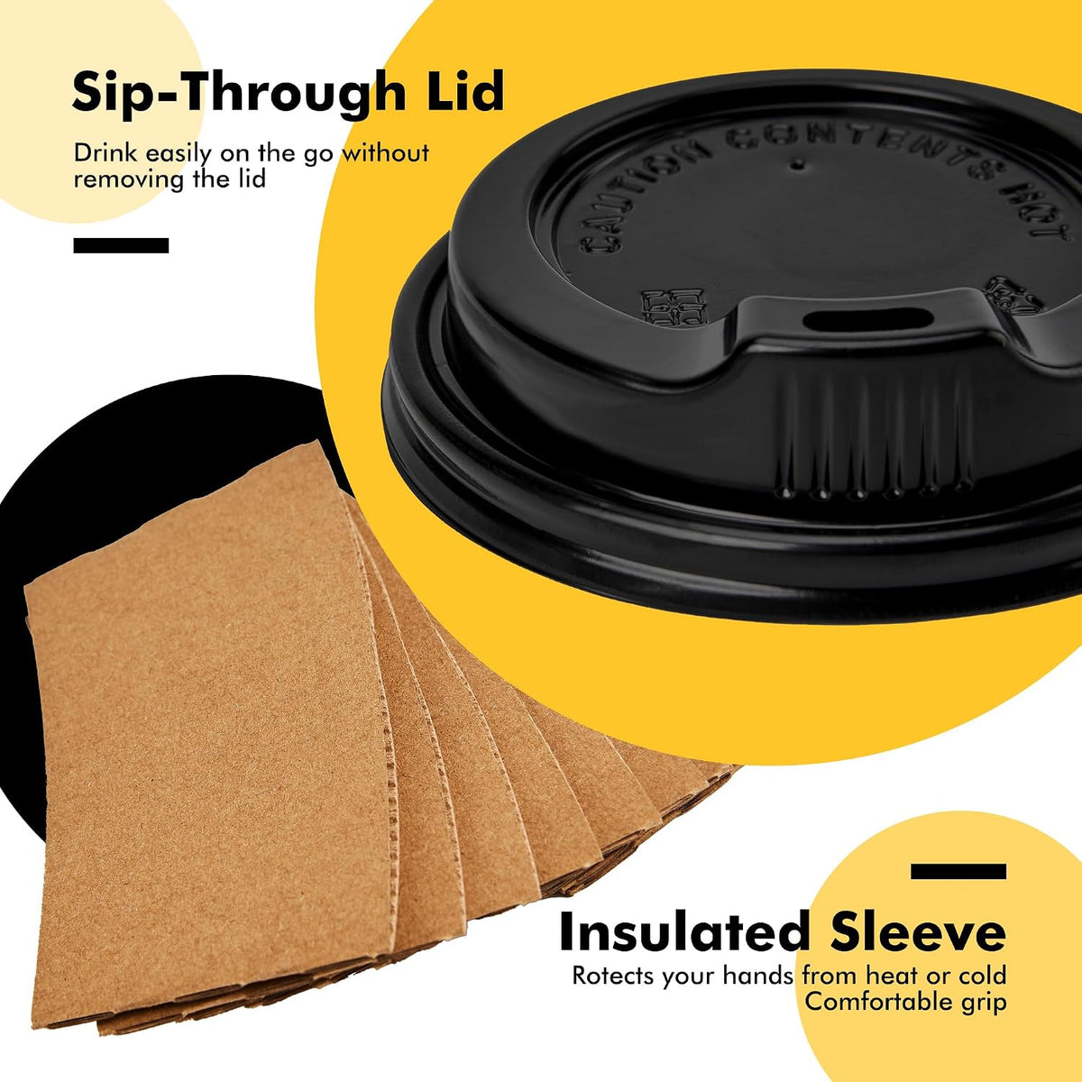 RACETOP Coffee Cups with Lids 12 oz 100 Pack, Black Cups with Sleeves