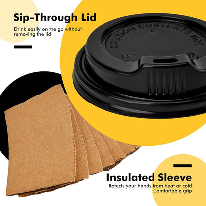 RACETOP Coffee Cups with Lids 12 oz 100 Pack, Black Cups with Sleeves