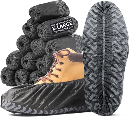 X-Large Shoe Covers Disposable Non-Slip, Non-Woven Fabric Boot Covers, Stretchable Fits Up to Size 13 US Men (Black, 200 Pack)