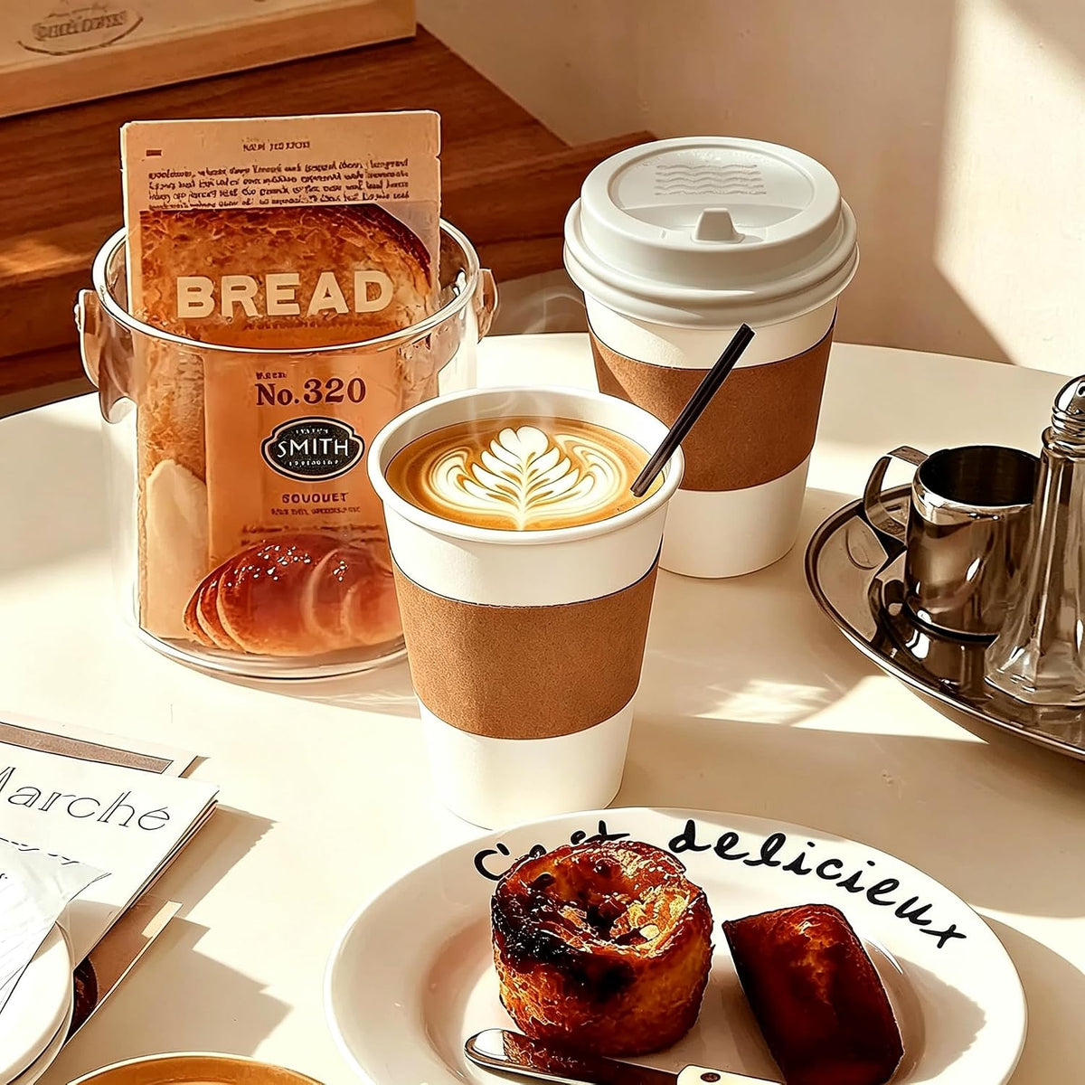 12 oz Disposable Coffee Cups with Lids, Sleeves and Stirrers 100 Pack, Hot Cups with Lids, Leak-Proof To Go Cups for Hot Chocolate, Cocoa, Office, Coffee Bar Accessories