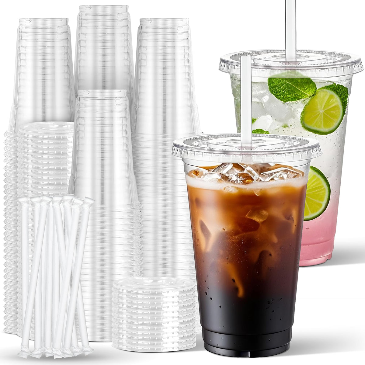 Charmount 100 Sets 16 oz Plastic Cups with Lids and Straws