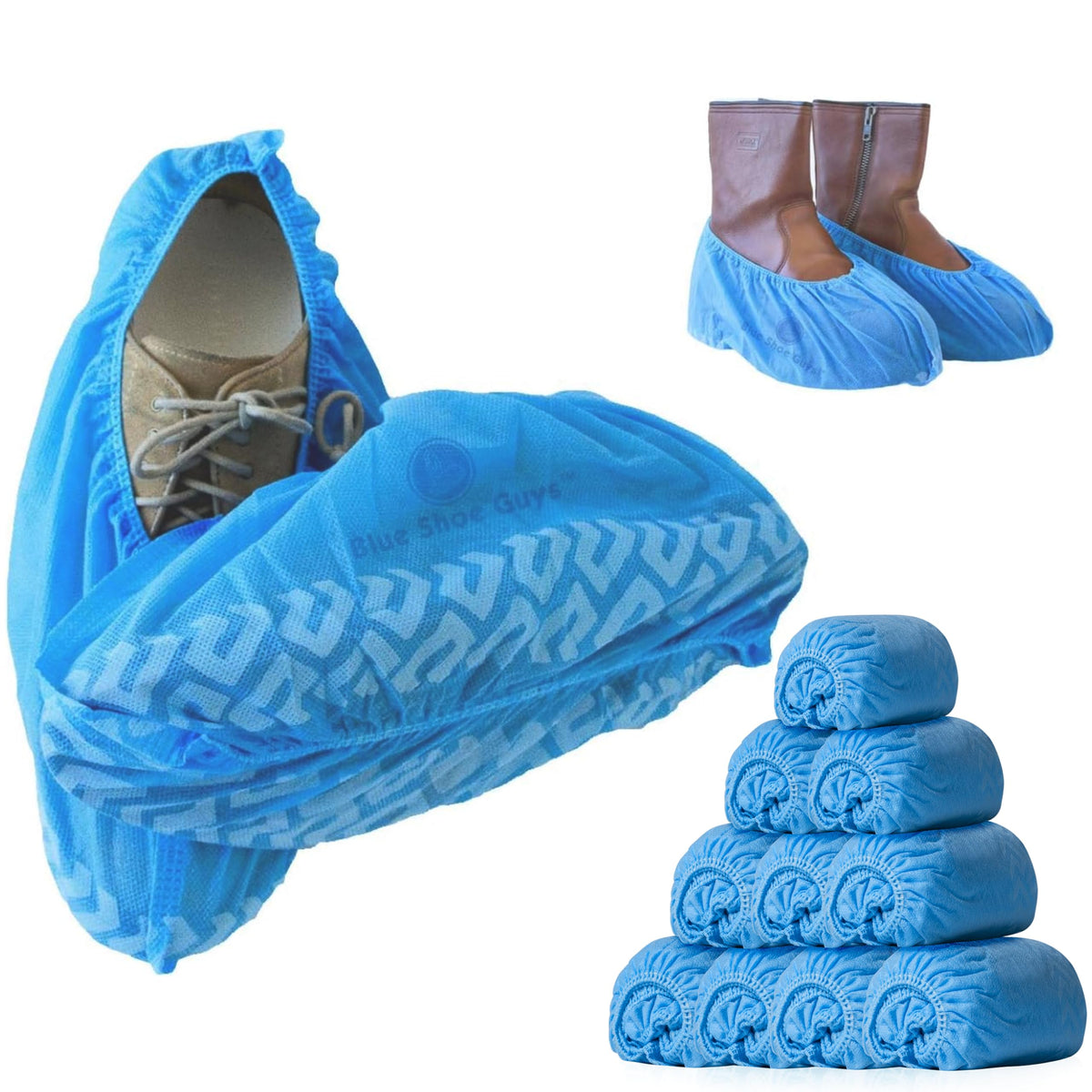 Blue Shoe Guys Premium Disposable Boot & Shoe Covers Booties | 100 Pack | Durable, Non-Slip, Non-Toxic, Water Resistant, Recyclable Protectors for Indoor & Outdoor | Large Size Fits Most Shoes