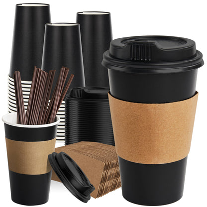 RACETOP Coffee Cups with Lids 12 oz 100 Pack, Black Cups with Sleeves
