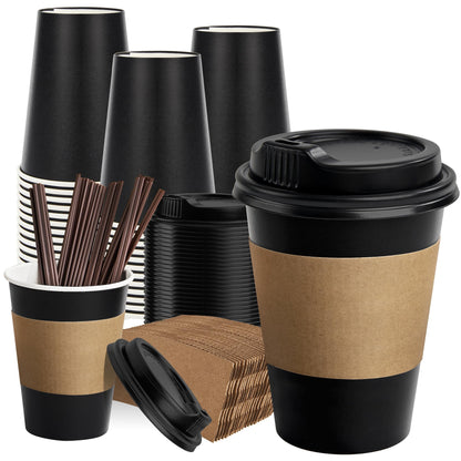 RACETOP Coffee Cups with Lids 12 oz 100 Pack, Black Cups with Sleeves