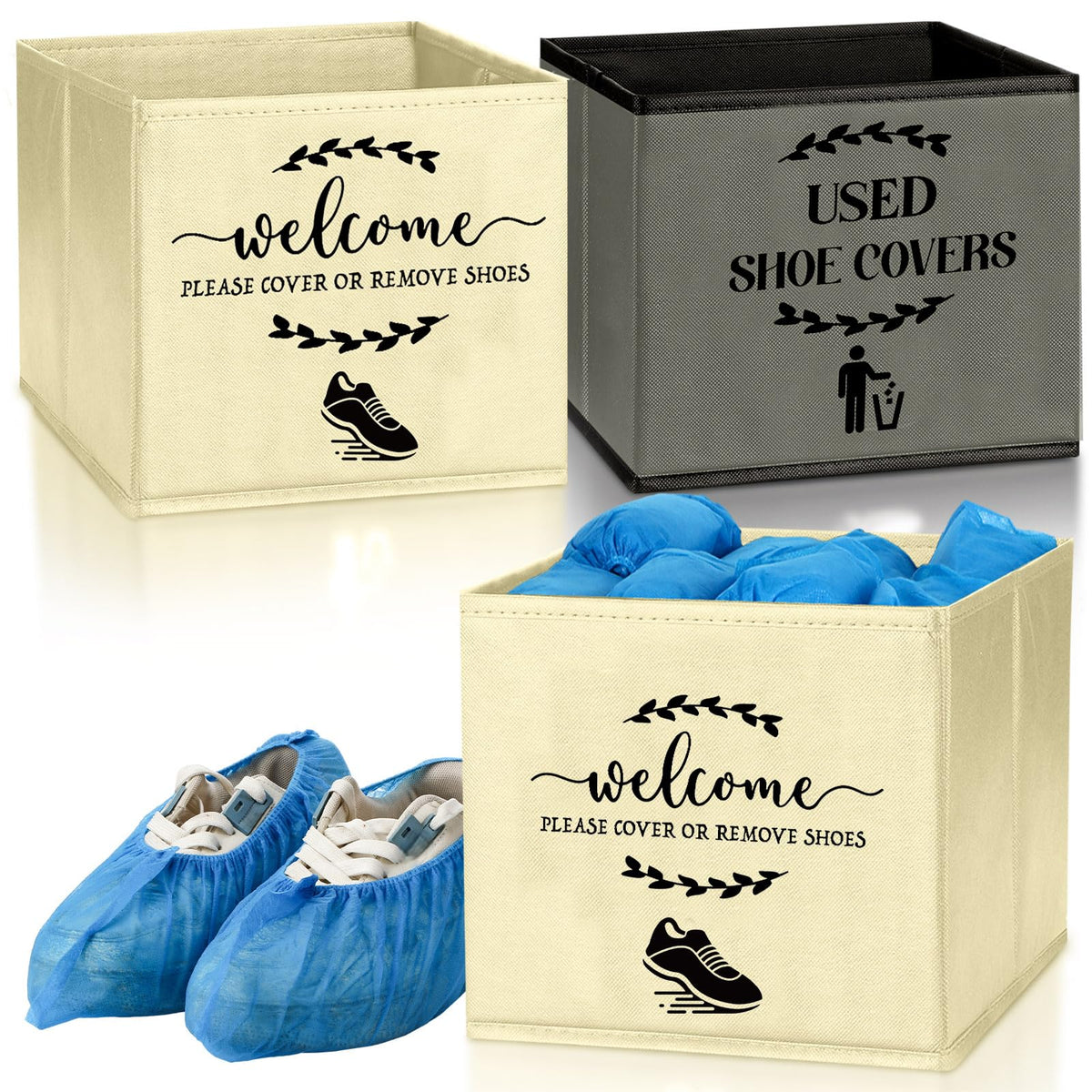2 Pcs Shoe Cover Boxes Dispenser Storage Bins, Gray, Beige