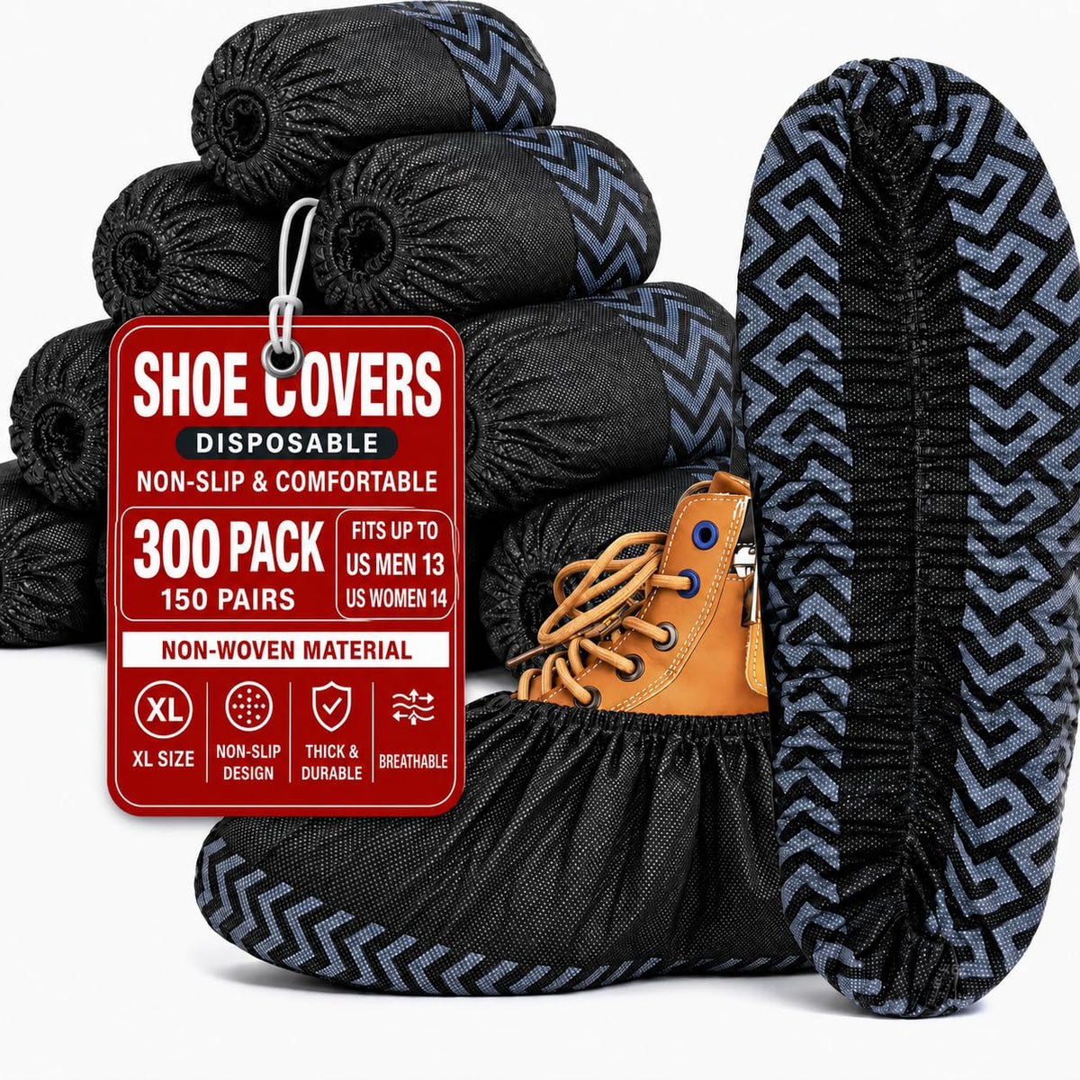 200 Pack XL Disposable Shoe Covers, Non-Slip, Black Non-Woven