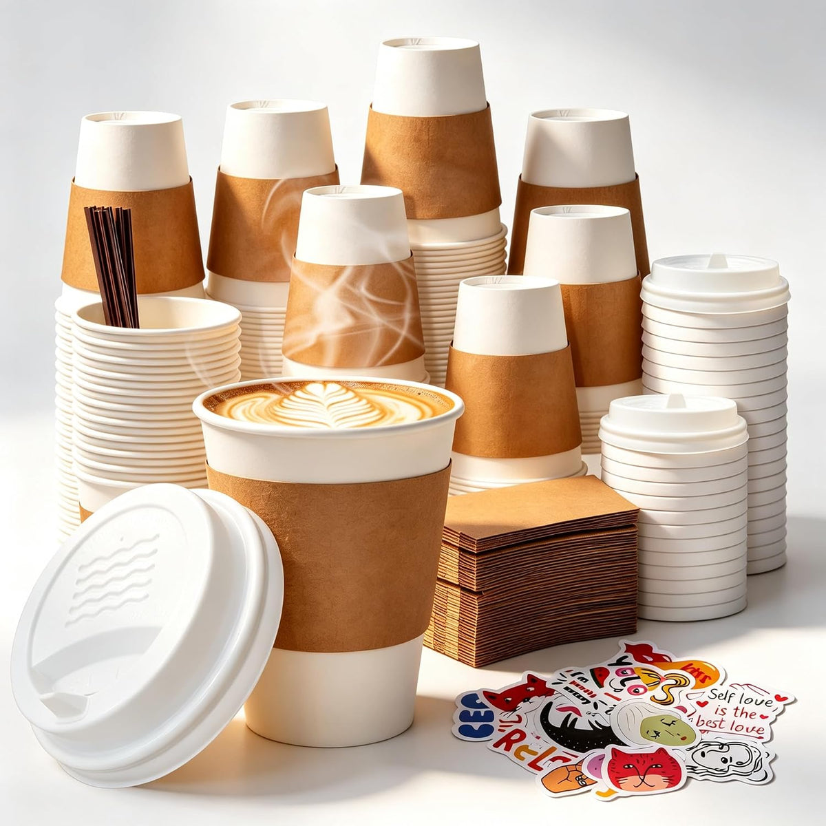 12 oz Disposable Coffee Cups with Lids, Sleeves and Stirrers 100 Pack, Hot Cups with Lids, Leak-Proof To Go Cups for Hot Chocolate, Cocoa, Office, Coffee Bar Accessories
