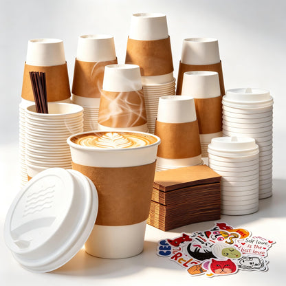 12 oz Disposable Coffee Cups with Lids, Sleeves and Stirrers 100 Pack, Hot Cups with Lids, Leak-Proof To Go Cups for Hot Chocolate, Cocoa, Office, Coffee Bar Accessories