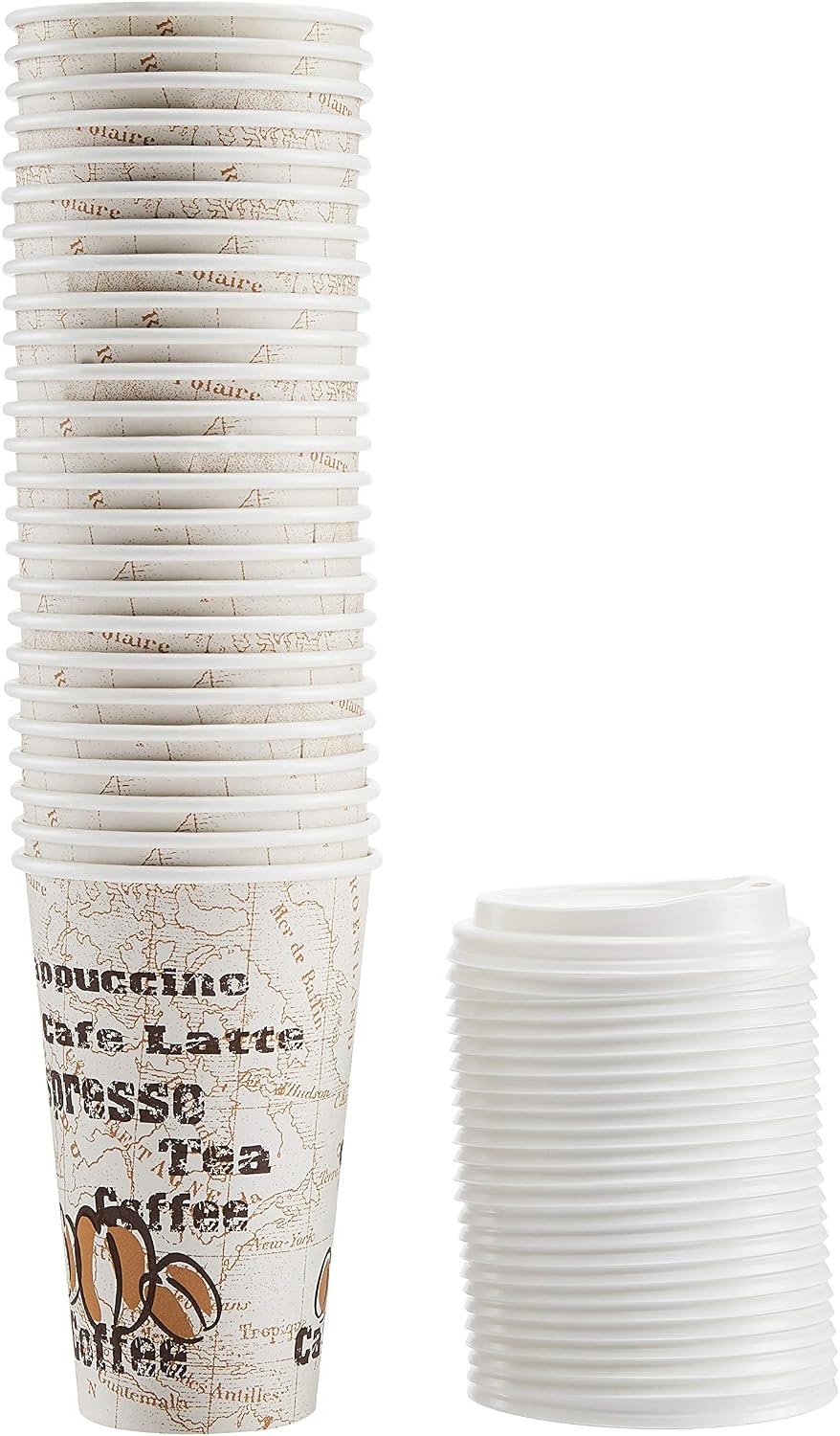 Amazon Basics Disposable Hot Paper Coffee Cups with Lids, To Go, Café Design, 16 oz, 100-Count