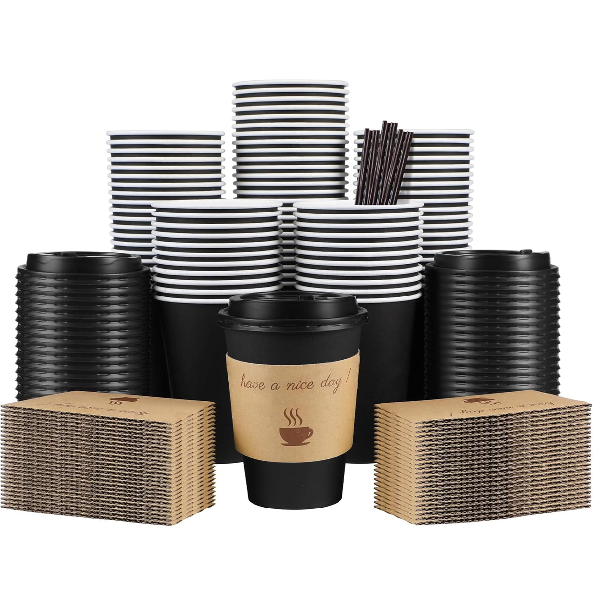 Clawsoff 100 Pack 16 oz Disposable Paper Coffee Cups with Lids(Black)