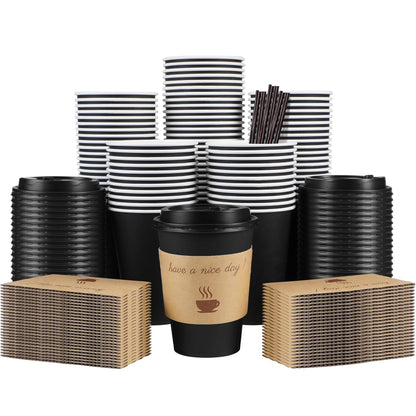 Clawsoff 100 Pack 16 oz Disposable Paper Coffee Cups with Lids(Black)