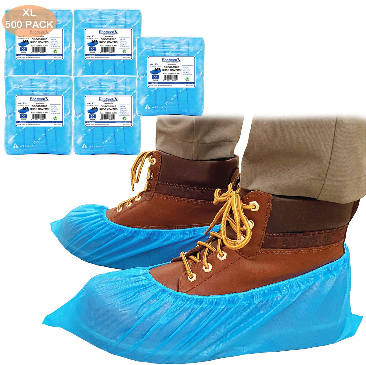 ProtectX Disposable Shoe & Boot Covers, XL Extra Large, 100-pack (50 pairs), Waterproof, Slip Resistant, Durable CPE plastic, Fits up to Men’s 14 US Size and All Women’s US Size Shoes