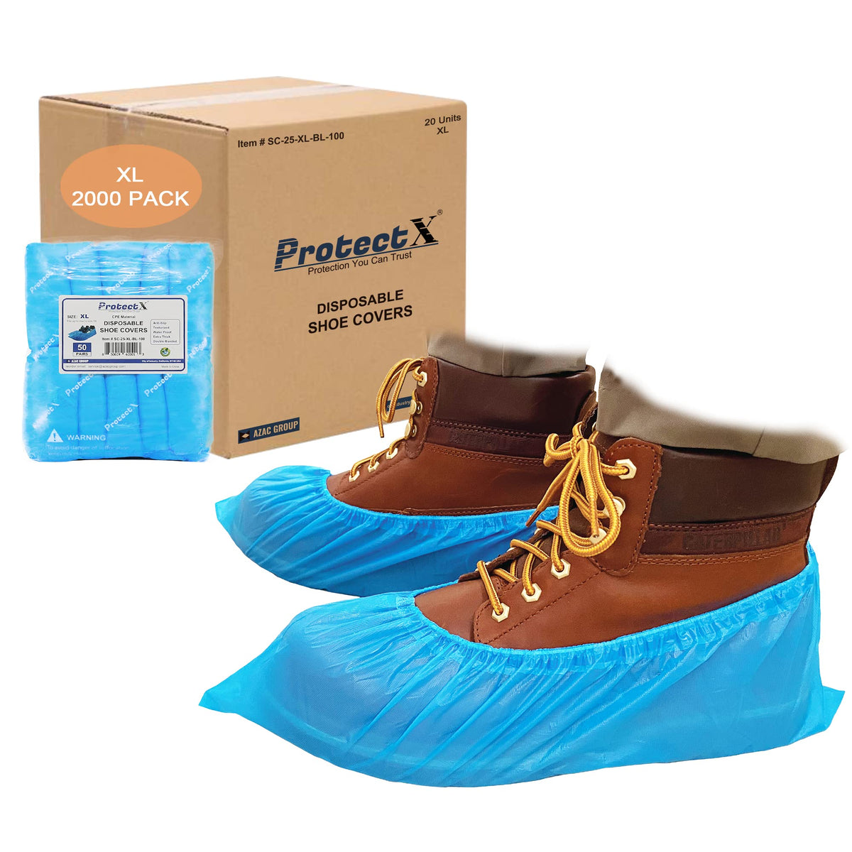 ProtectX Disposable Shoe & Boot Covers, XL Extra Large, 100-pack (50 pairs), Waterproof, Slip Resistant, Durable CPE plastic, Fits up to Men’s 14 US Size and All Women’s US Size Shoes