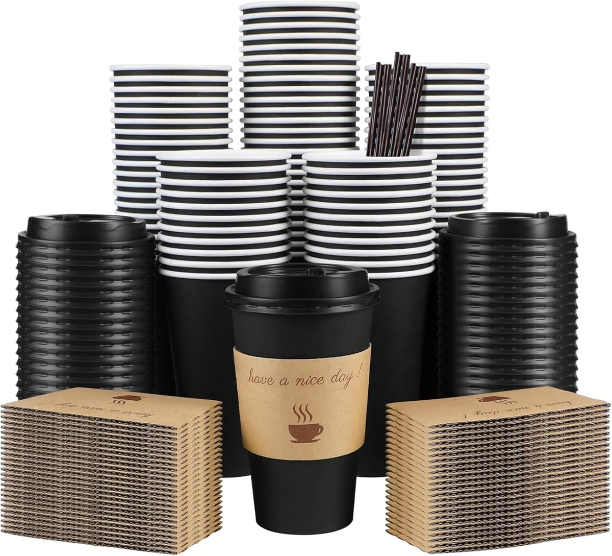 Clawsoff 100 Pack 16 oz Disposable Paper Coffee Cups with Lids(Black)