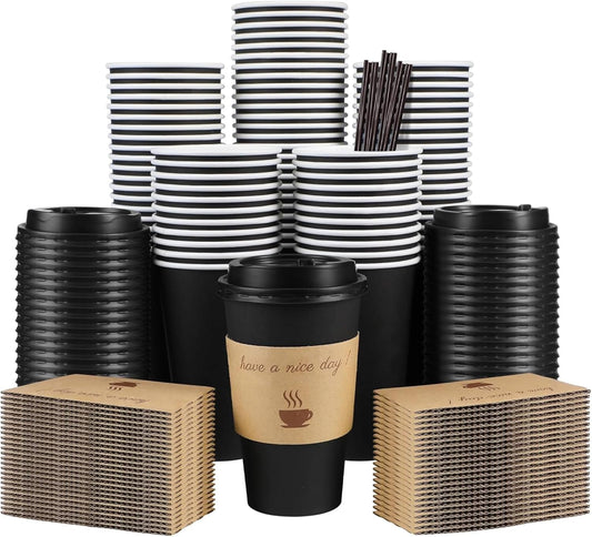 Clawsoff 100 Pack 16 oz Disposable Paper Coffee Cups with Lids(Black)