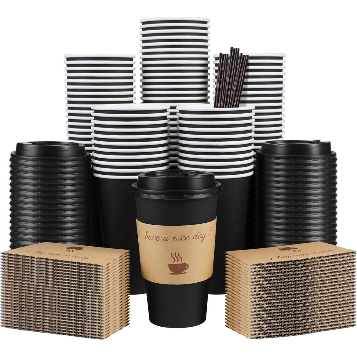 Clawsoff 100 Pack 16 oz Disposable Paper Coffee Cups with Lids(Black)