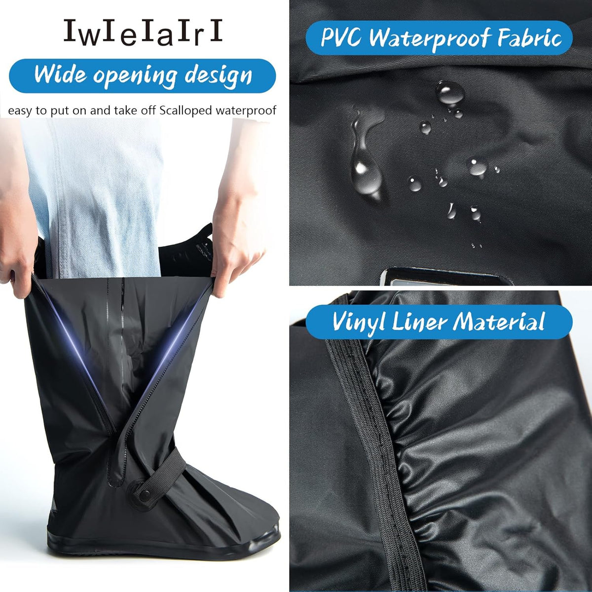 IwIeIaIrI Waterproof Rain Boot Covers with Safety Reflector, Black, L
