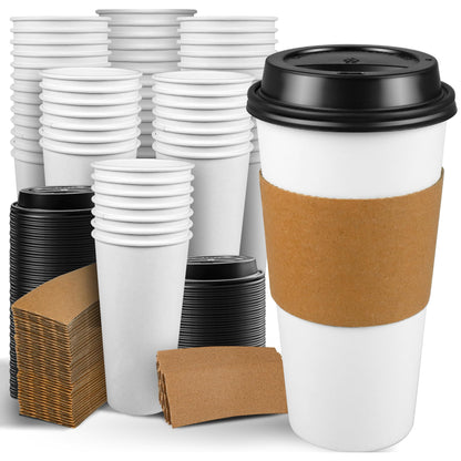 Ginkgo 100 Pack 16 oz Disposable Coffee Cups with Lids and Sleeves