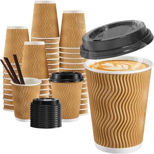 SIUQ 12 oz Coffee Cups-90 Pack Disposable Coffee Cups with Lids and Straws