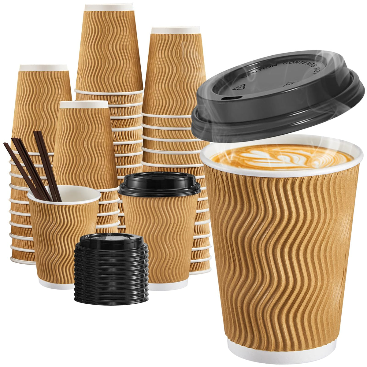 SIUQ 12 oz Coffee Cups-90 Pack Disposable Coffee Cups with Lids and Straws