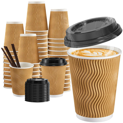 SIUQ 12 oz Coffee Cups-90 Pack Disposable Coffee Cups with Lids and Straws