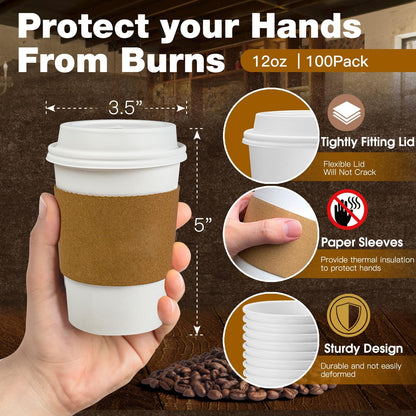 Ginkgo 100 Pack 12 oz Leak-Proof Coffee Cups with Lids and Sleeves