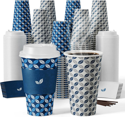 JOLLY CHEF 16 oz Paper Coffee Cups with Lids 100 Pack Disposable Hot Cups