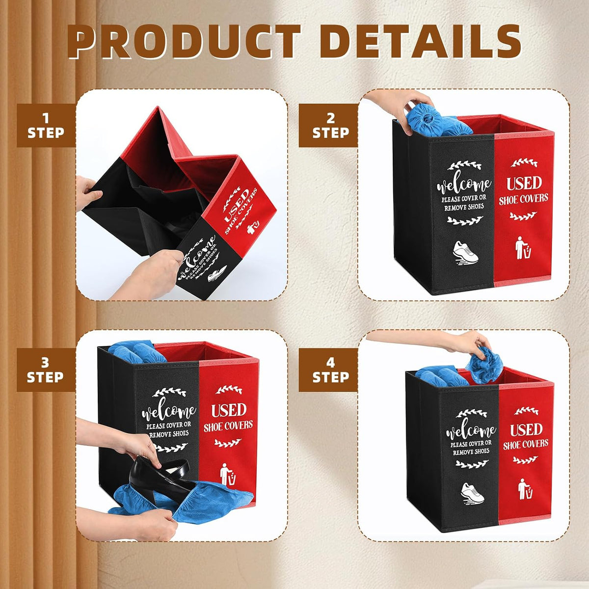 Shoe Cover Box Dispenser Foldable Storage Bin Holder, Black, Red