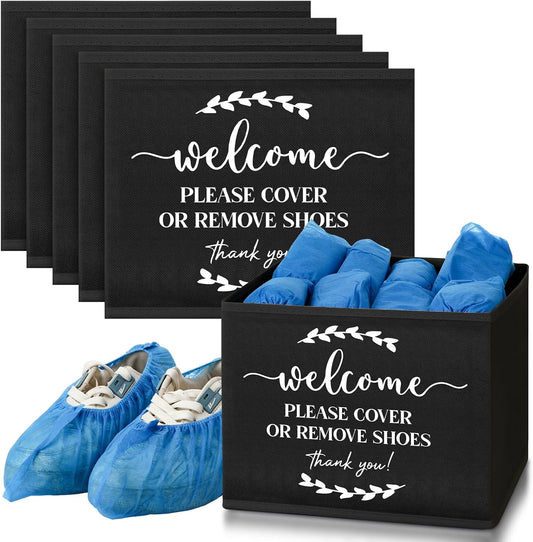 Suzile 6 Pcs Shoe Covers Box Foldable Storage Bin Indoor Disposable Shoe Cover Dispenser Holders for Open Houses Real Estate Agent Supplies Homeowner Booties (Black)