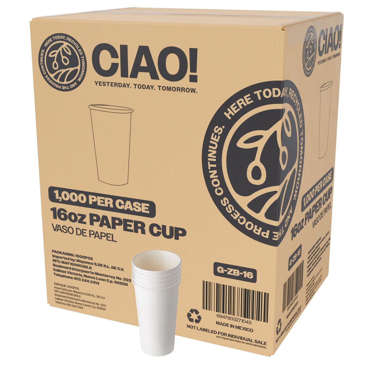 CIAO! 8oz White Paper Hot Cup, Disposable, 80mm Diameter 1,000 Count