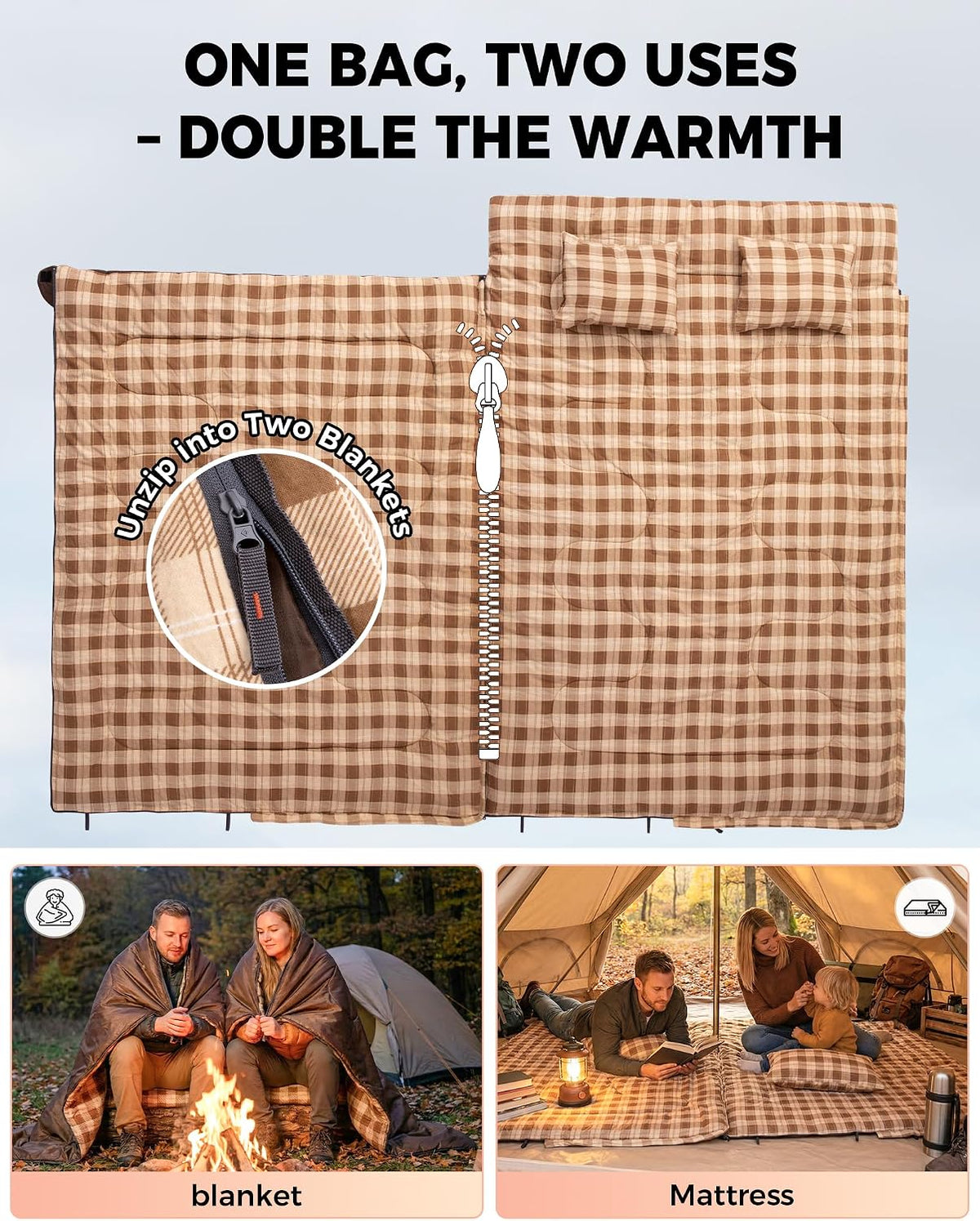 KingCamp Double Sleeping Bag for Adults, Queen Size 2 Person Sleeping Bag
