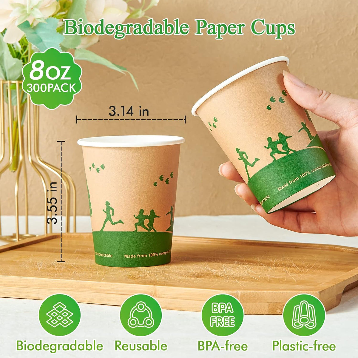 ECOLipak 8 oz Compostable Paper Coffee Cups with PLA Lined, 300 Count
