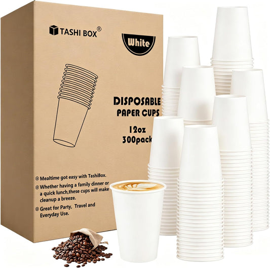 TashiBox 300 Pack 12 oz Disposable Paper Cups, BPA-Free Hot/Cold Drink Cups, Sturdy White Coffee Cups with Rolled Rim, Leak-Proof, Ideal for Home Office Daily Use