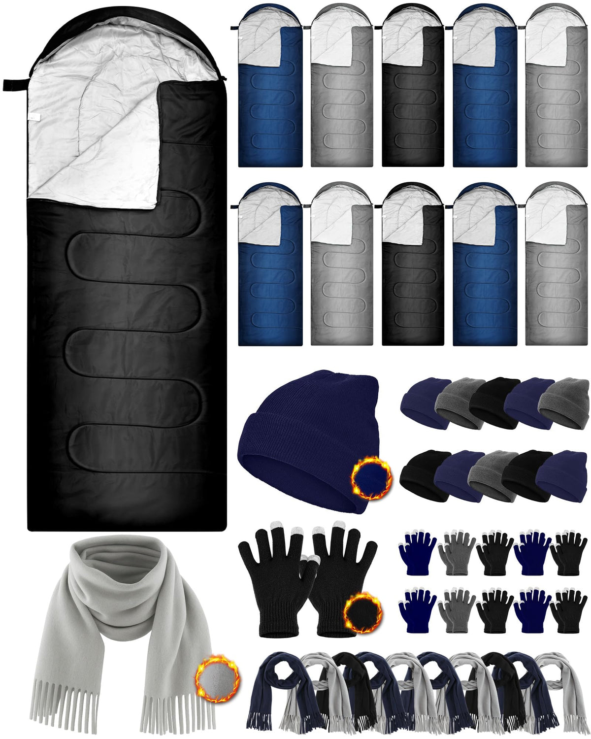 Tranqun 40 Pcs Sleeping Bags for Adult Bulk with Winter Beanie Hat Touch Screen Gloves Scarves, Waterproof Cotton Liner Cold Weather Sleeping Bag for Homeless Camping Indoor Outdoor