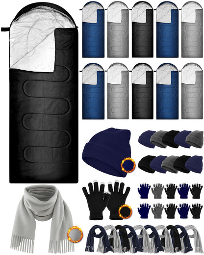 Tranqun 40 Pcs Sleeping Bags for Adult Bulk with Winter Beanie Hat Touch Screen Gloves Scarves, Waterproof Cotton Liner Cold Weather Sleeping Bag for Homeless Camping Indoor Outdoor