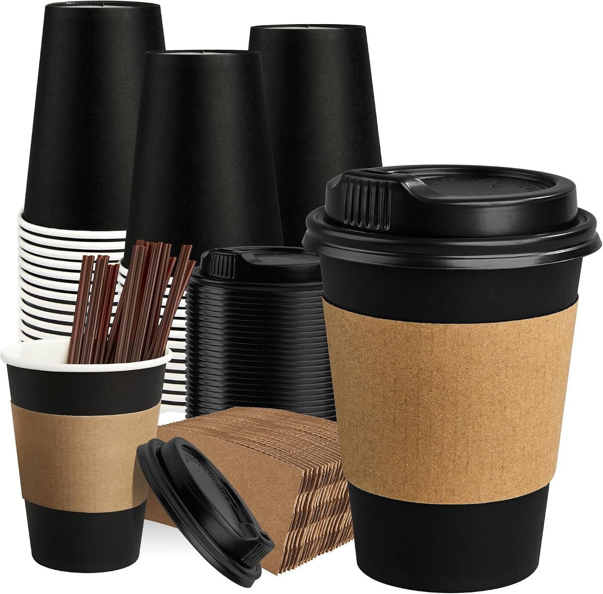 RACETOP Coffee Cups with Lids 12 oz 100 Pack, Black Cups with Sleeves