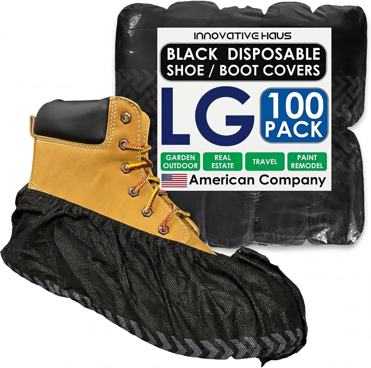 Innovative Haus Large Black Disposable Shoe Covers Indoor Booties, 100 Pack