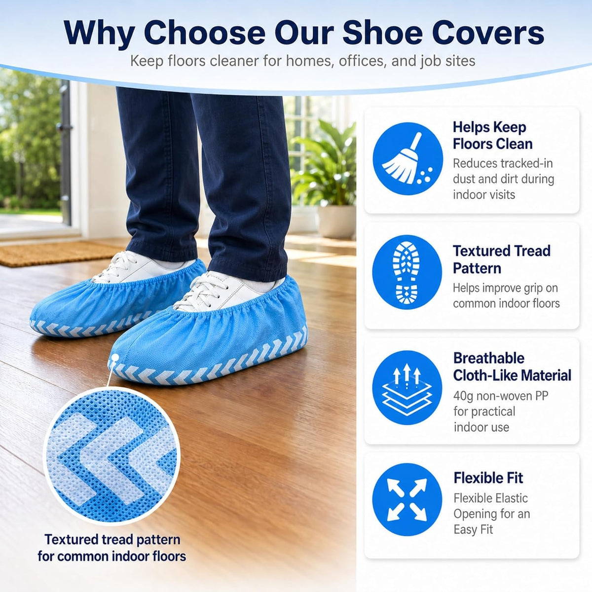 Innovative Haus Blue Disposable Shoe Covers, Non Slip Booties, 100 Pack, LG