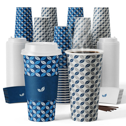 JOLLY CHEF 16 oz Paper Coffee Cups with Lids 100 Pack Disposable Hot Cups